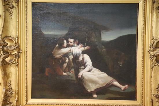 18th century Bolognese School Mother and sons in a landscape 17.5 x 19in.